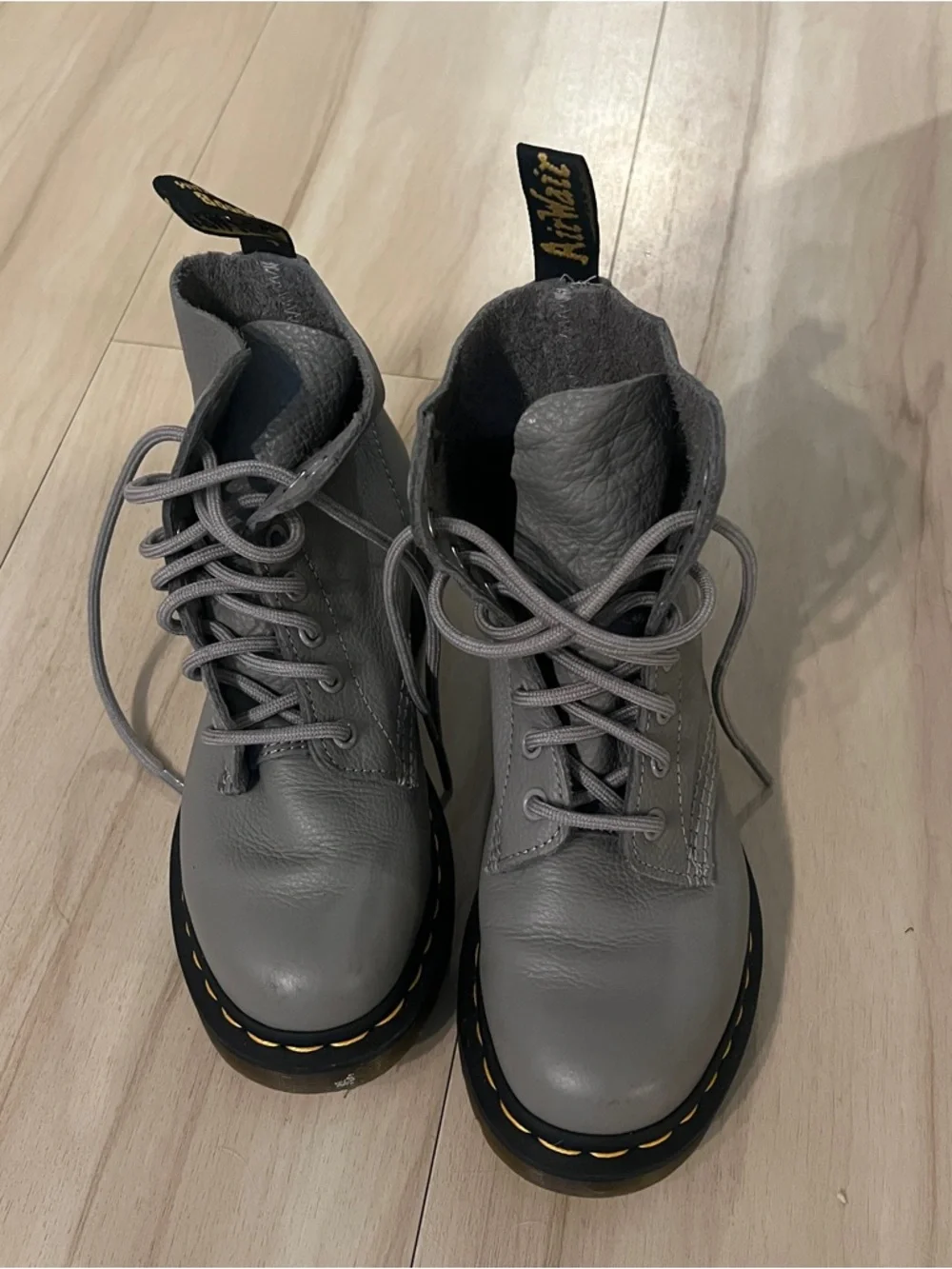 Women’s Doc Martens - Gray Leather Lace-Up Boots with Yellow Stitching - Picture 1 of 4